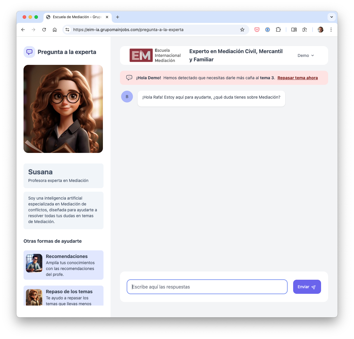 Interfaz de conversación con Susana, la experta en Mediación