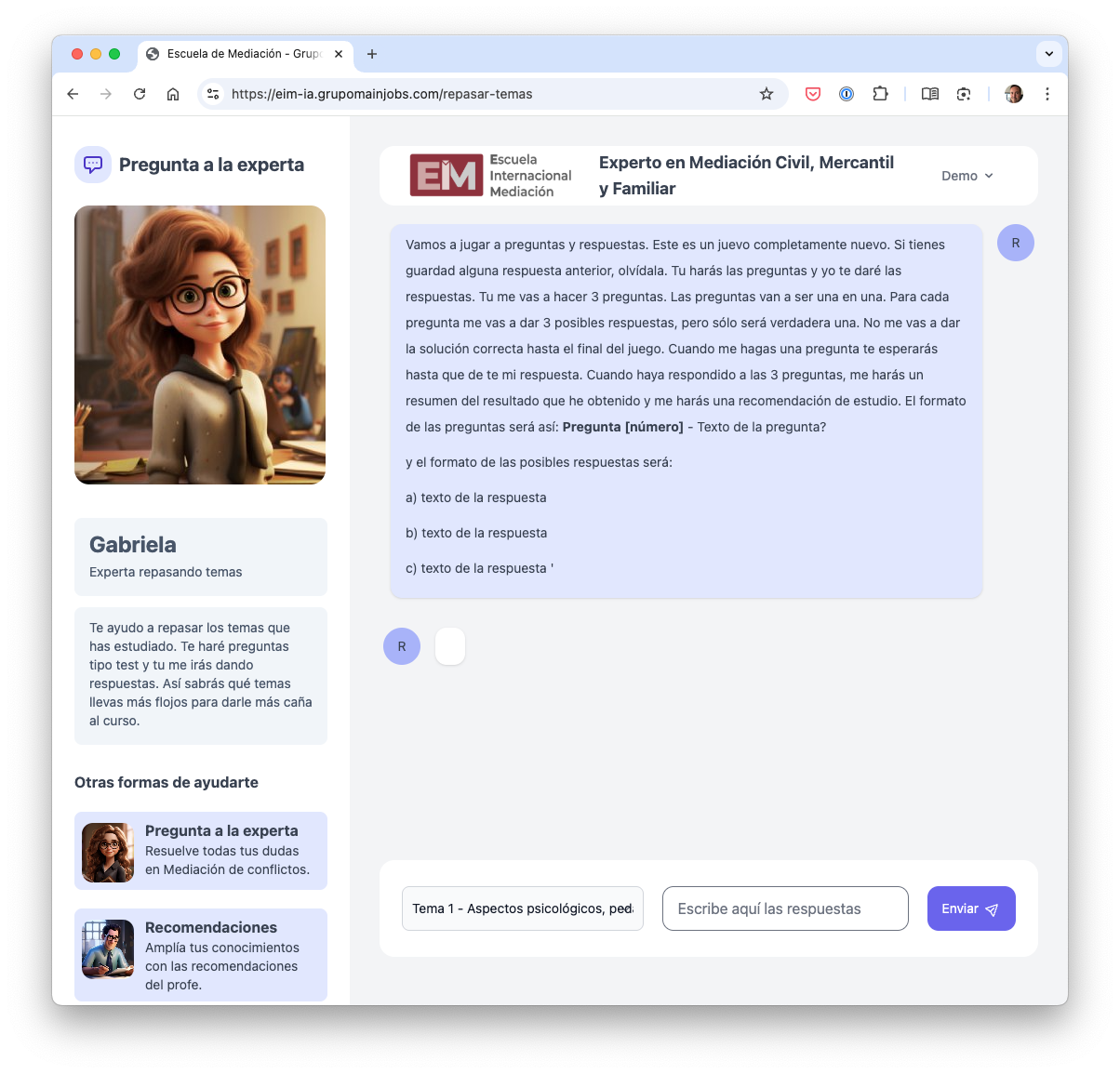 Interfaz del sistema de tests y repaso